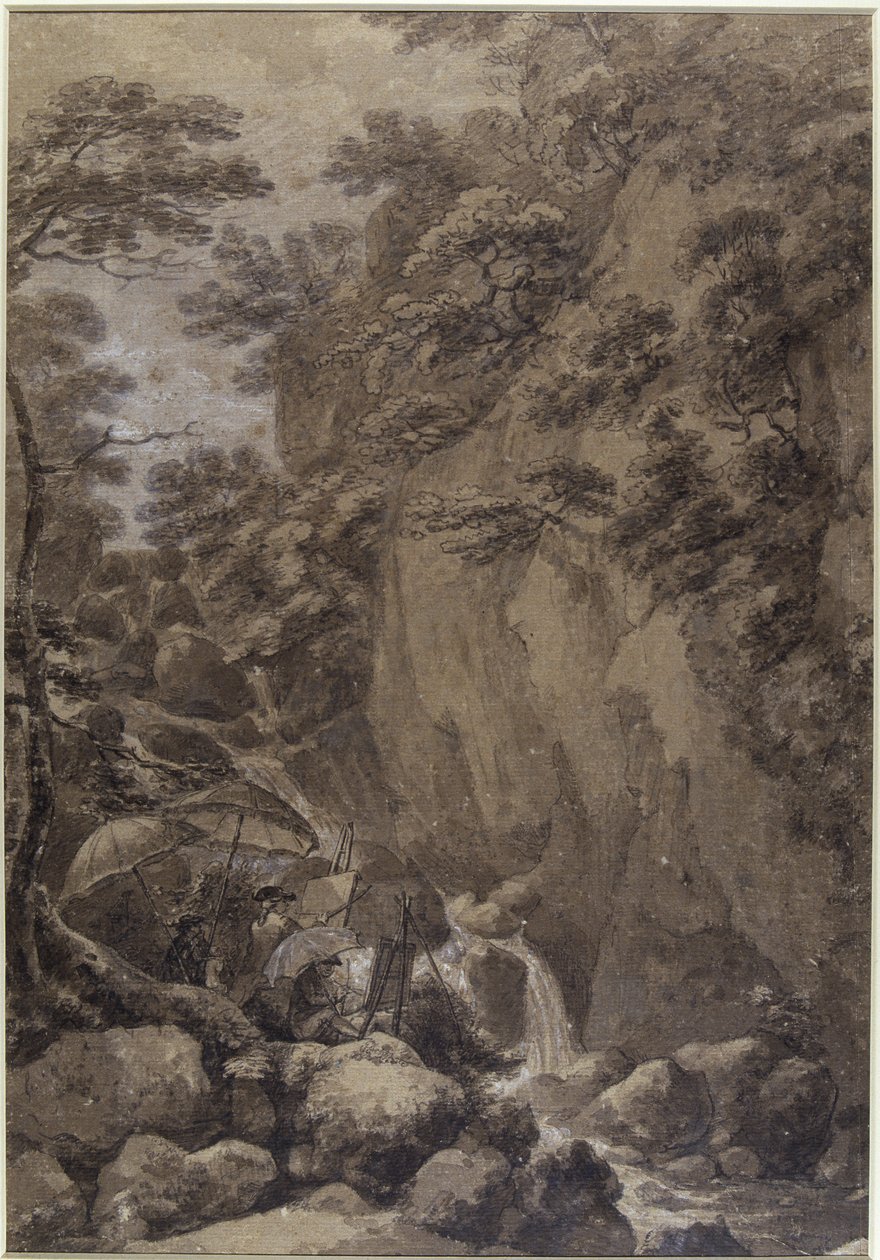 Sir George Beaumont a Joseph Farington malují vodopád, 1777 (pero a inkoust s mytím na papíře) od Thomas Hearne