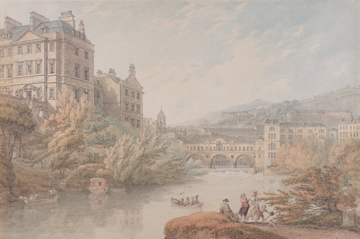 Pohled na Bath z Spring Gardens (wc s perem a šedým inkoustem přes grafit na tkaném papíře) od Thomas Hearne
