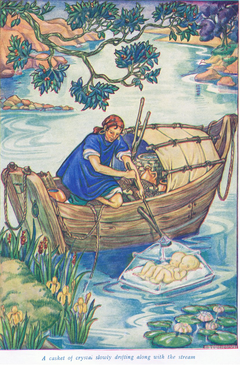Křišťálová schránka plující po proudu (barevná litografie) od Thomas Heath Robinson