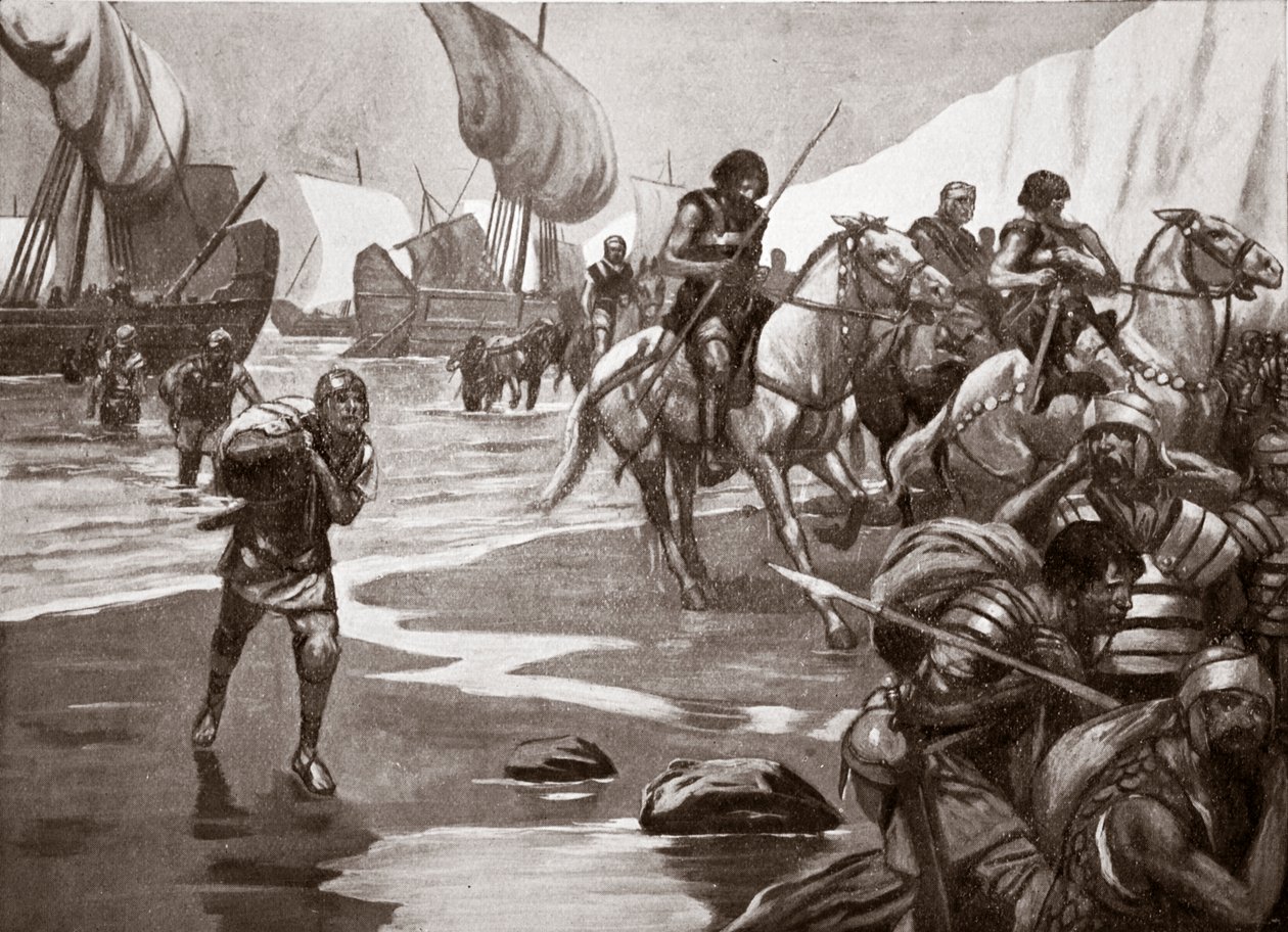 Caesarovo druhé vylodění, 54 př. n. l., ilustrace z knihy "Hutchinson