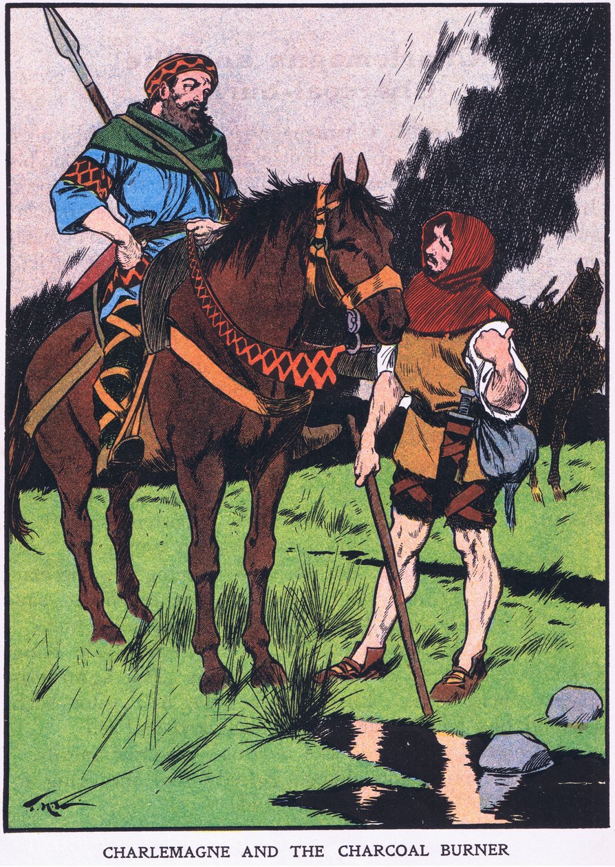 Karel Veliký a hořák na dřevěné uhlí (barevná litografie) od Thomas Heath Robinson