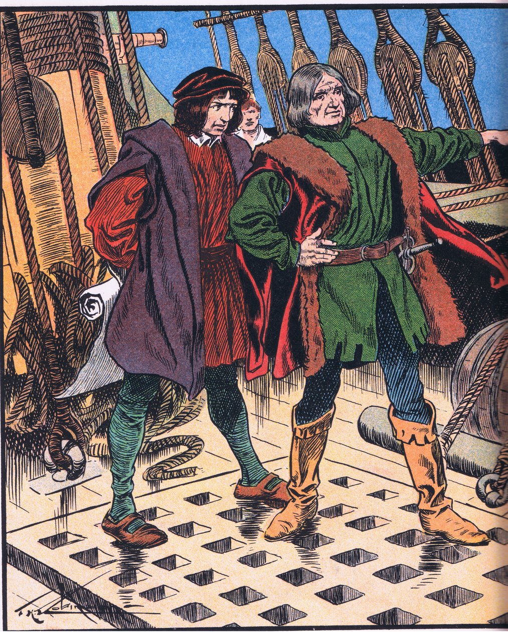 Kolumbus na cestě do Ameriky (barevná litografie) od Thomas Heath Robinson