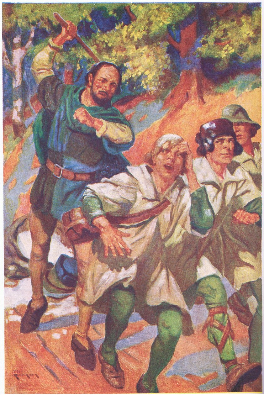 Hnal ty tři před sebou, jejich výkřiky vzteku a bolesti přehlušoval svým řevem smíchu (barevná litografie). od Thomas Heath Robinson