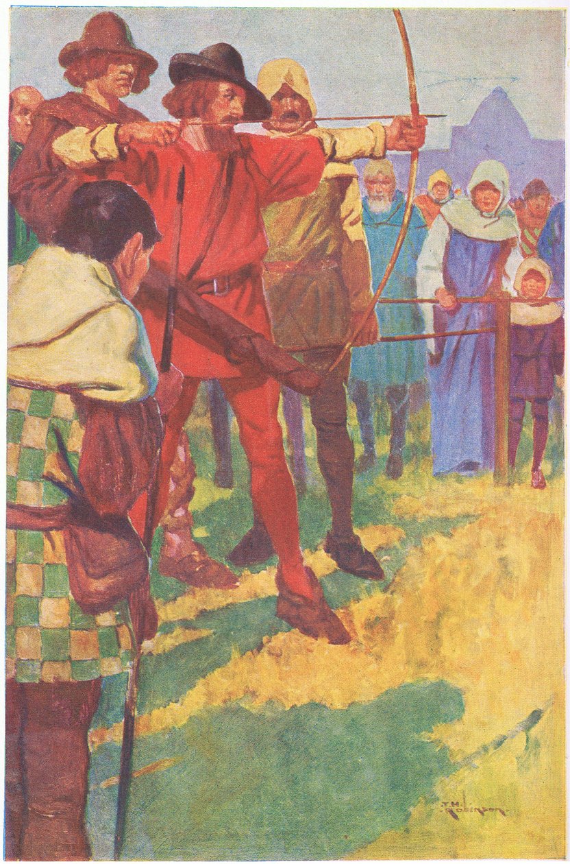Na krátký okamžik napnul luk a pak uvolnil tětivu (barevná litografie). od Thomas Heath Robinson
