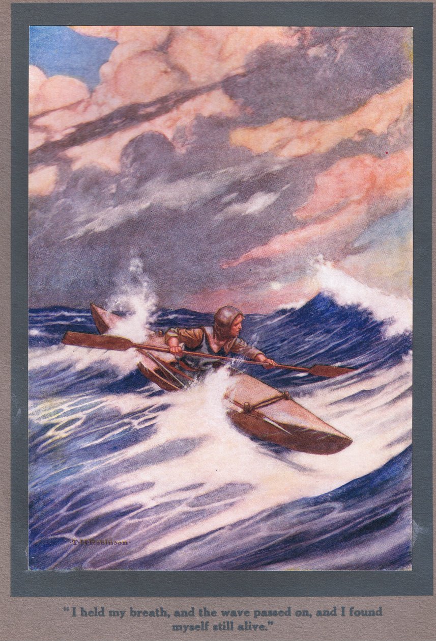 Zadržel jsem dech, když vlna přešla a já zjistil, že jsem stále naživu (barevná litografie). od Thomas Heath Robinson