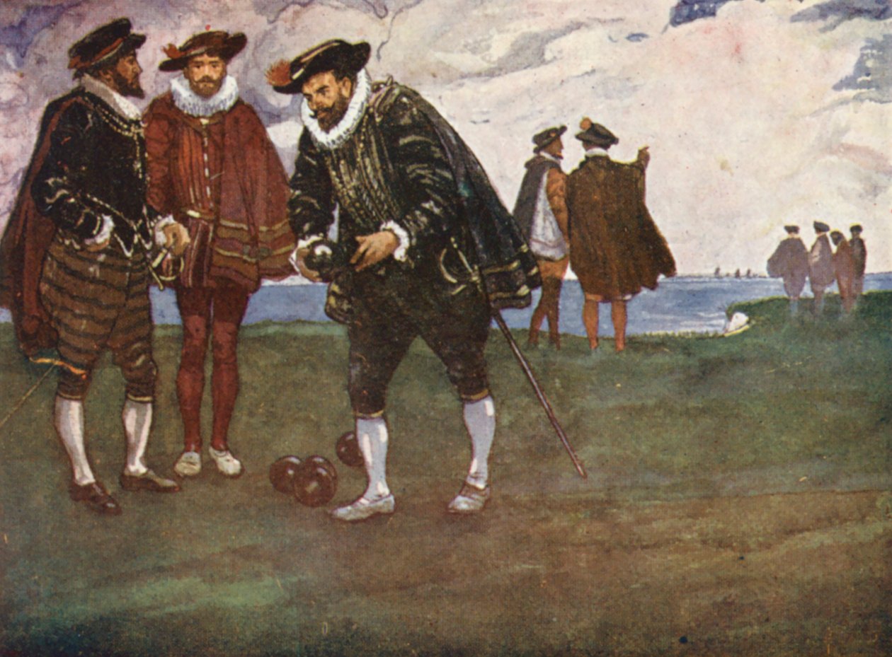 Ilustrace k životu sira Francise Drakea (barevná litografie) od Thomas Heath Robinson