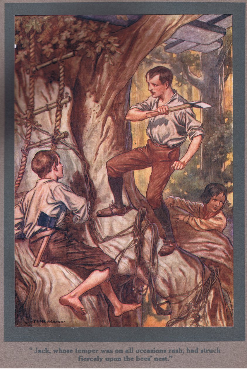 Jack, který byl při každé příležitosti zbrklý, zuřivě udeřil na včelí hnízdo (barevná litografie). od Thomas Heath Robinson