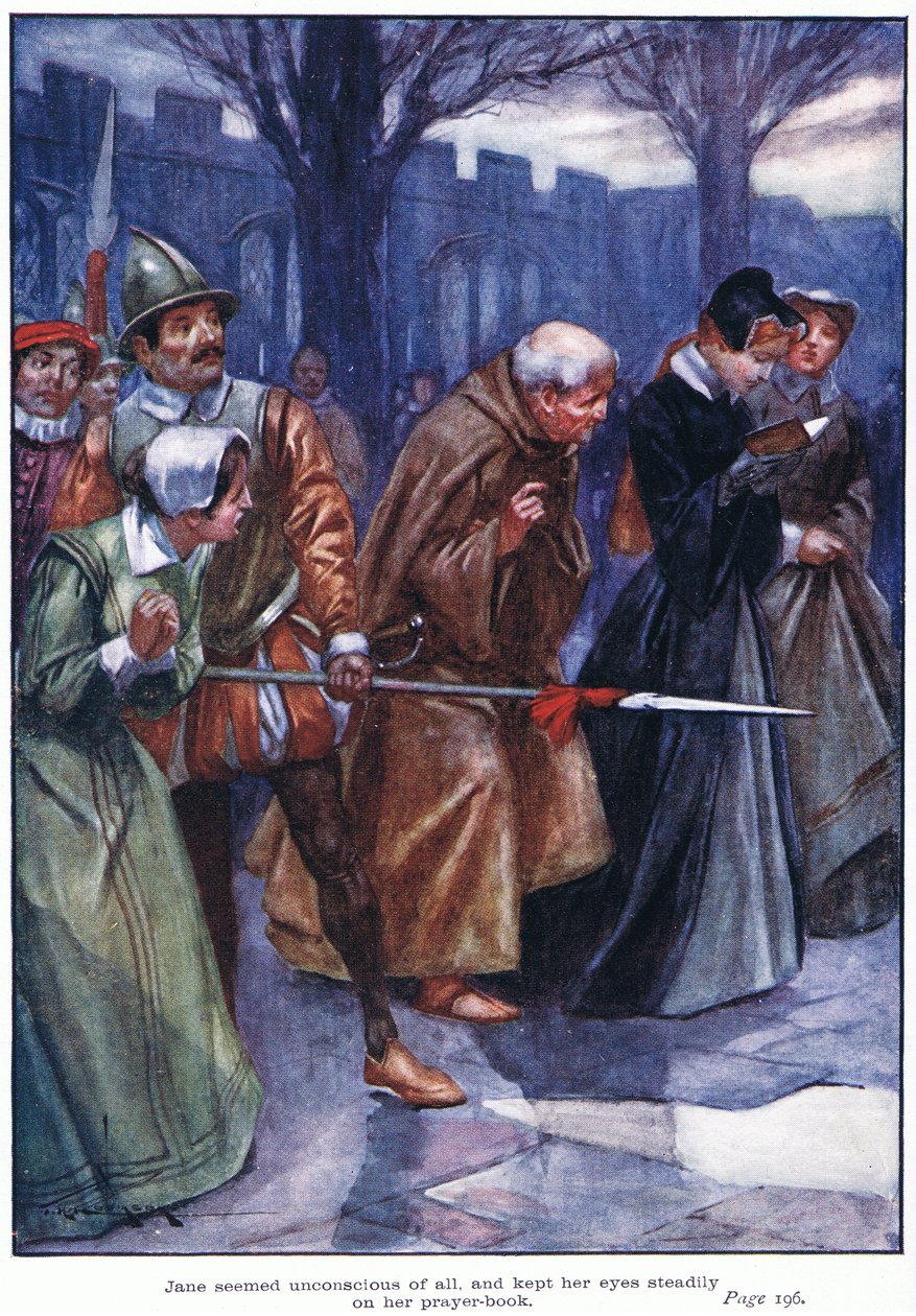 Zdálo se, že si Jane nic neuvědomuje a neustále upírá oči na modlitební knížku (barevná litografie). od Thomas Heath Robinson