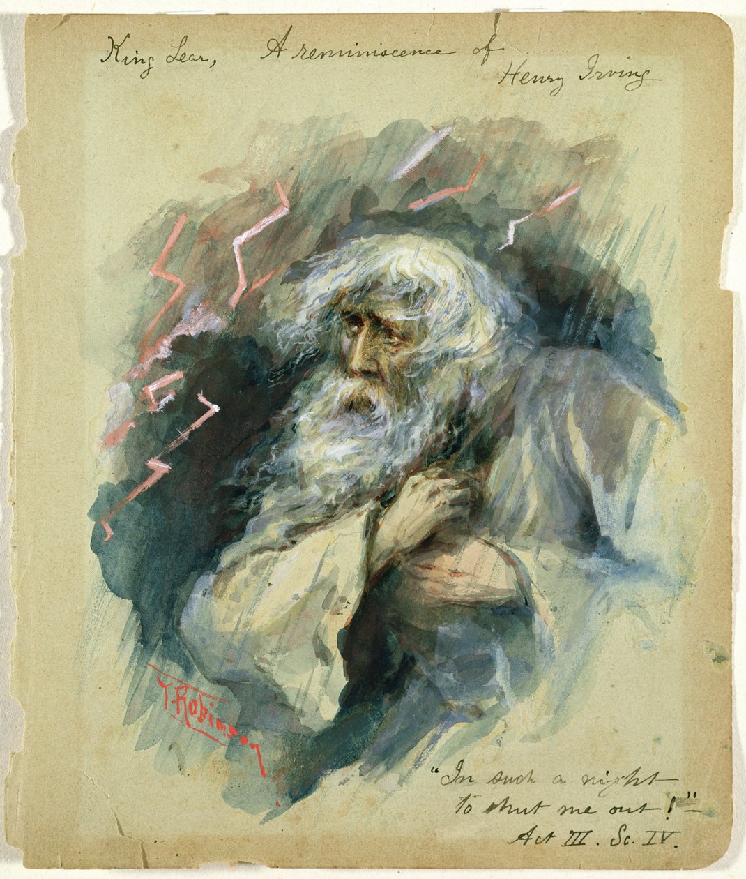 Král Lear, vzpomínky Henryho Irvinga: "(akvarel) 34:Král Lear (3. dějství, 4. scéna): (akvarel): "In such night To shut me out!", vzpomínka Henryho Irvinga (akvarel) od Thomas Heath Robinson