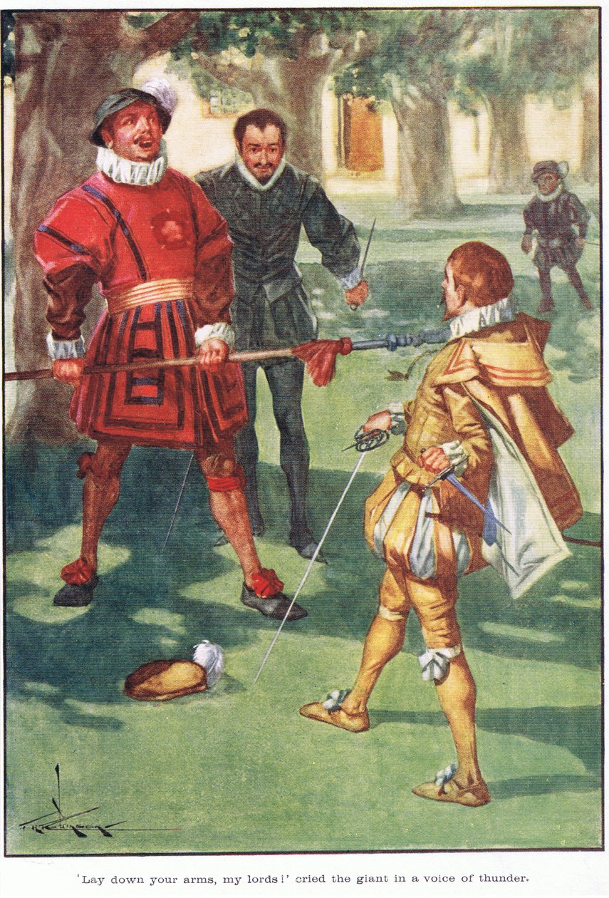"Odložte zbraně, pánové!" zvolal obr hromovým hlasem (barevná litografie). od Thomas Heath Robinson