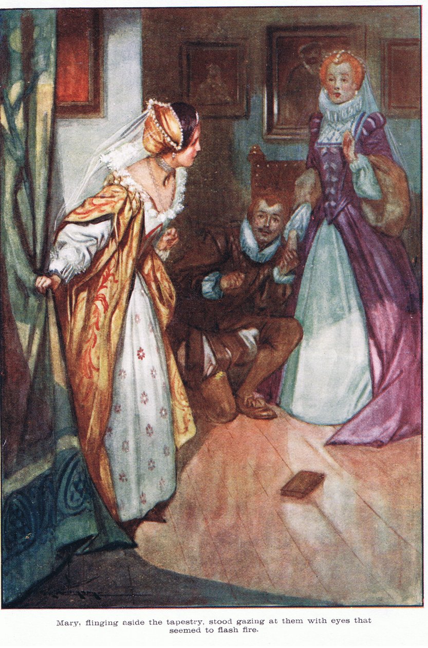 Marie odhrnula gobelín, stála a hleděla na ně očima, které jako by se blýskaly ohněm (barevná litografie). od Thomas Heath Robinson