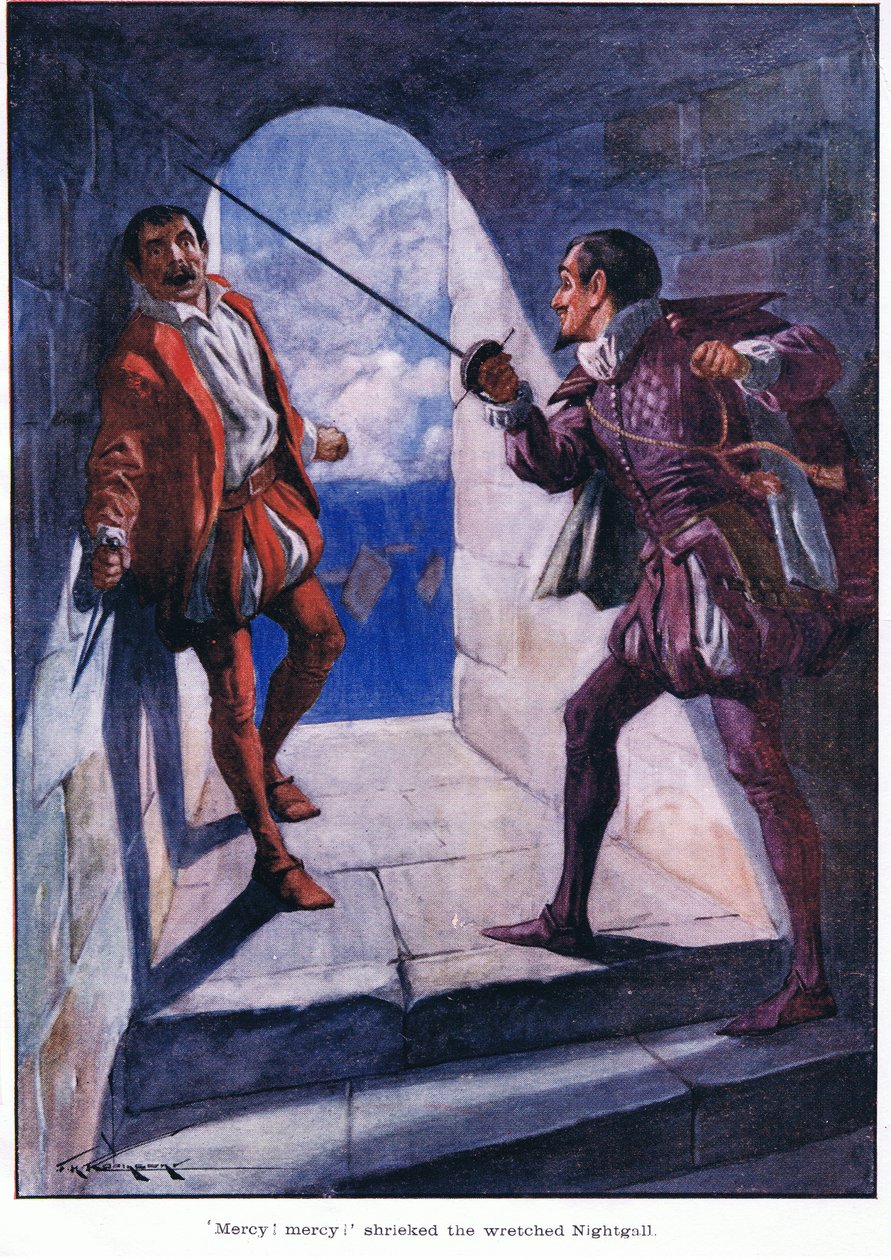 "Slitování! Milosrdenství! křičel ubohý Nightgall (barevná litografie). od Thomas Heath Robinson