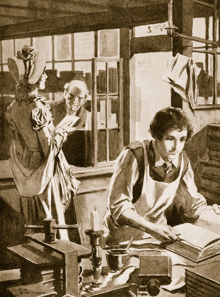 Michael Faraday jako knihkupecký učeň čtoucí encyklopedii (litografie) od Thomas Heath Robinson