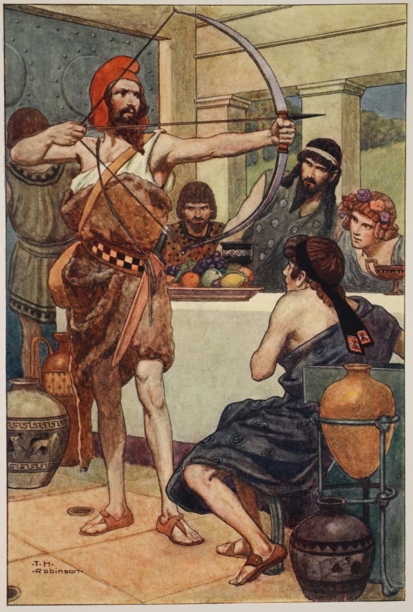 Odysseus trestá nápadníky (barevná litografie) od Thomas Heath Robinson