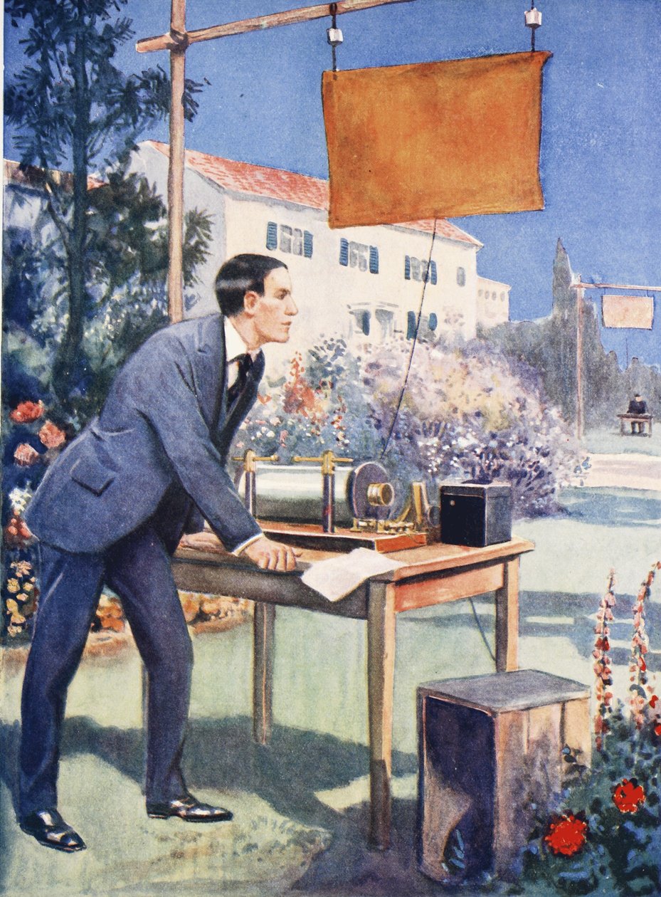 Jeden z prvních Marconiho experimentů (barevná litografie) od Thomas Heath Robinson