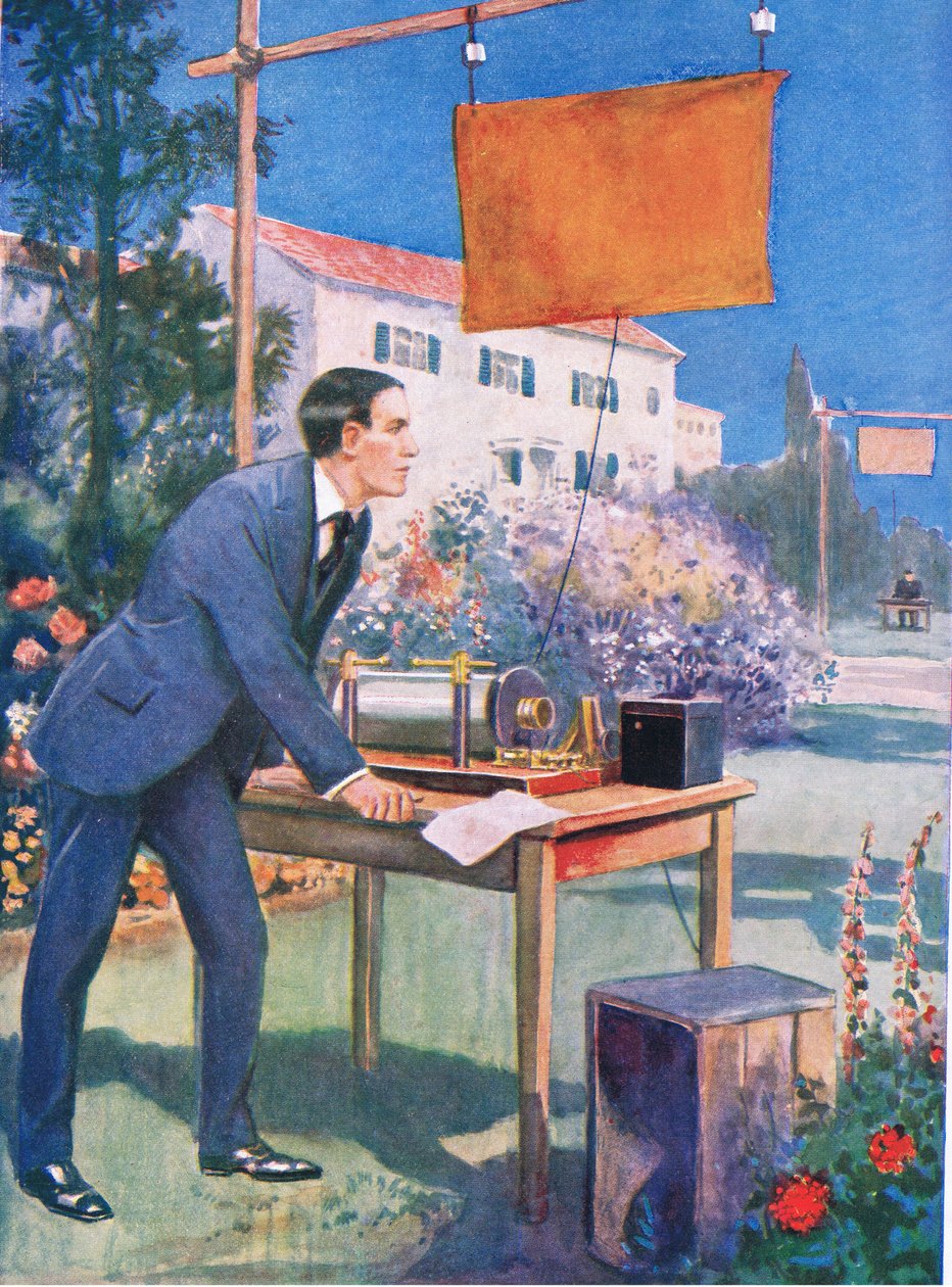 Jeden z prvních Marconiho experimentů, ilustrace z knihy "Cassell