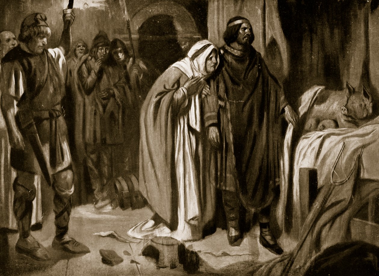 Královna Ethelburga přesvědčuje Inu z Wessexu, aby se vzdala koruny, 728, ilustrace z "Hutchinson