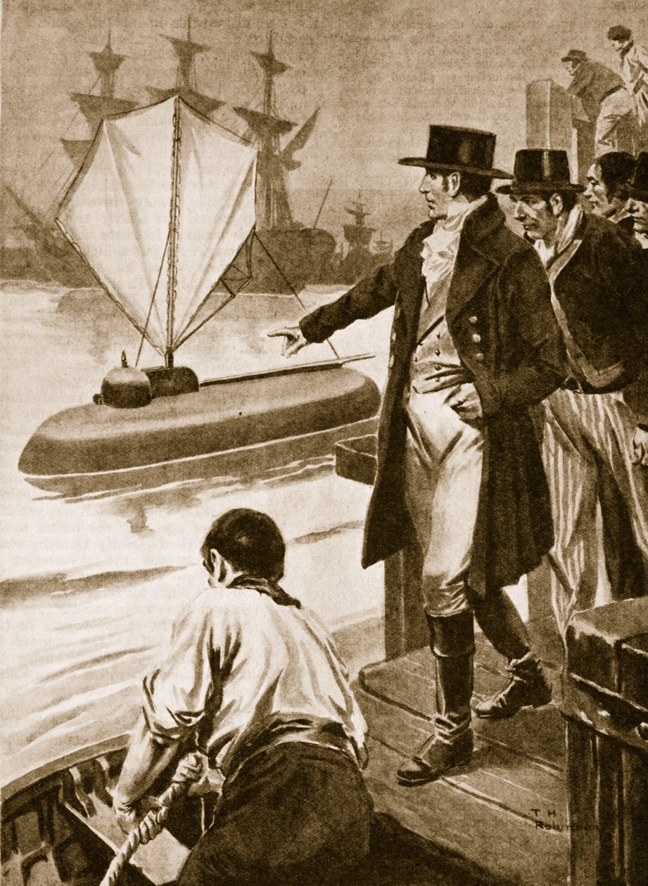Robert Fulton ve Francii ukazuje svou ponorku Nautilus v provozu (litografie) od Thomas Heath Robinson