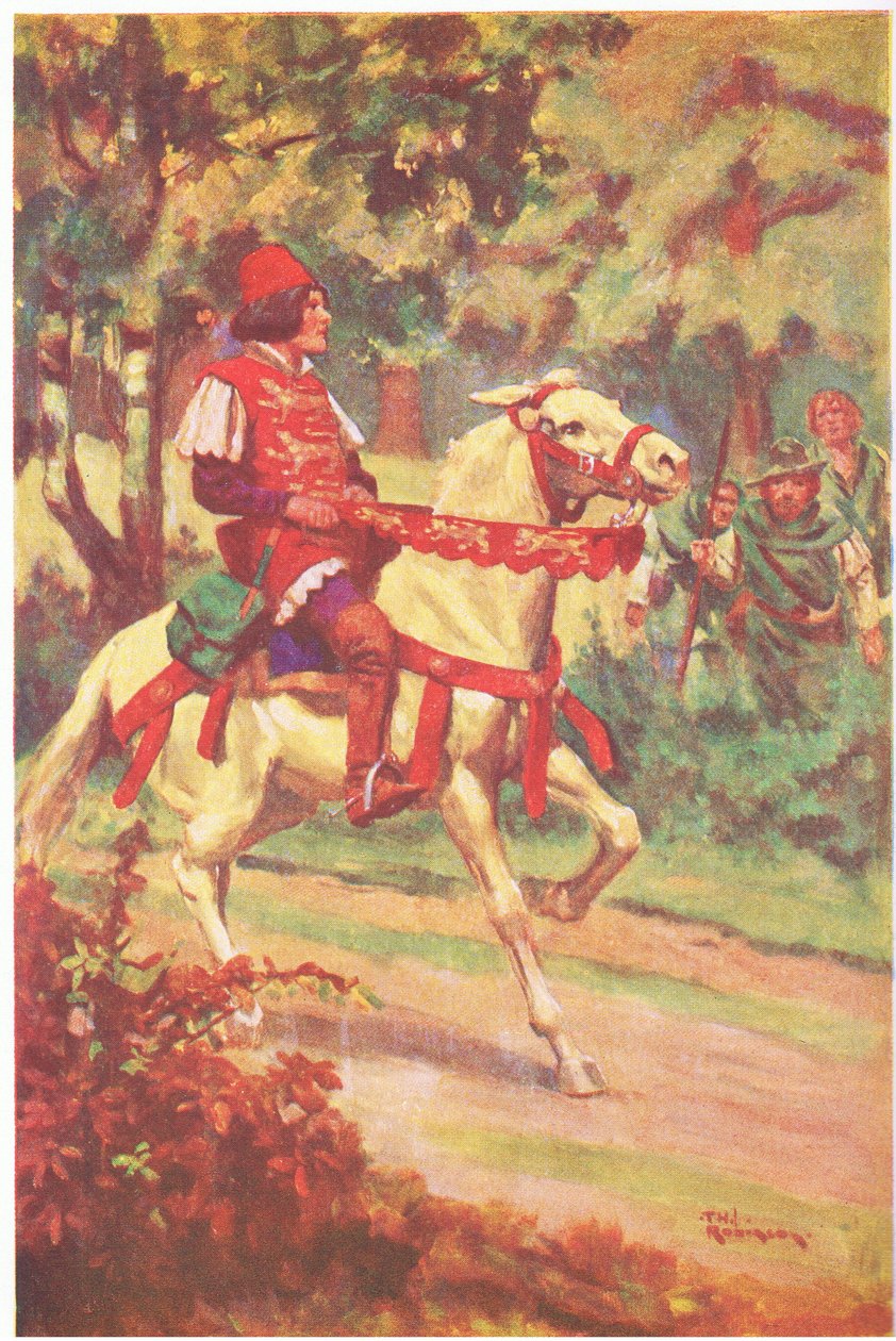 Robin a jeho společník spatřili mistra Patringtona, jak k nim přijíždí (barevná litografie). od Thomas Heath Robinson