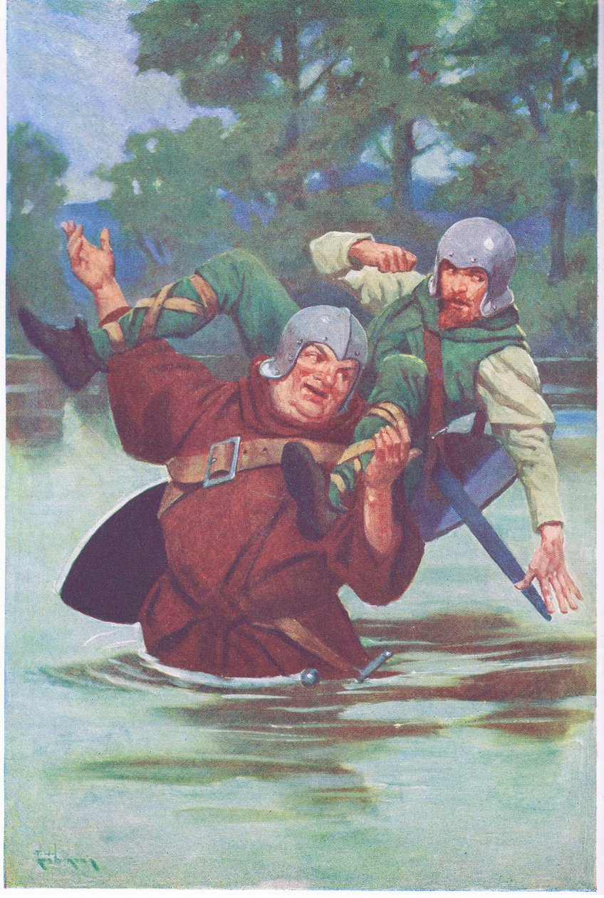 Jedním tahem svých velkých rukou poslal psance do potoka (barevná litografie). od Thomas Heath Robinson