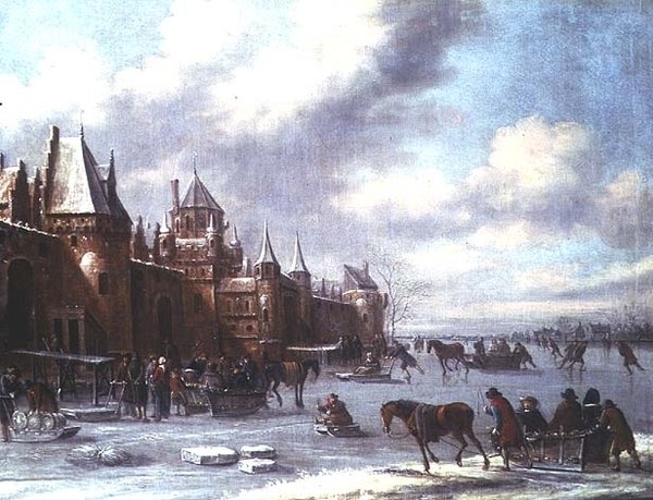 Scéna v holandském ústí s krasobruslením a hradem za ním od Thomas Heeremans