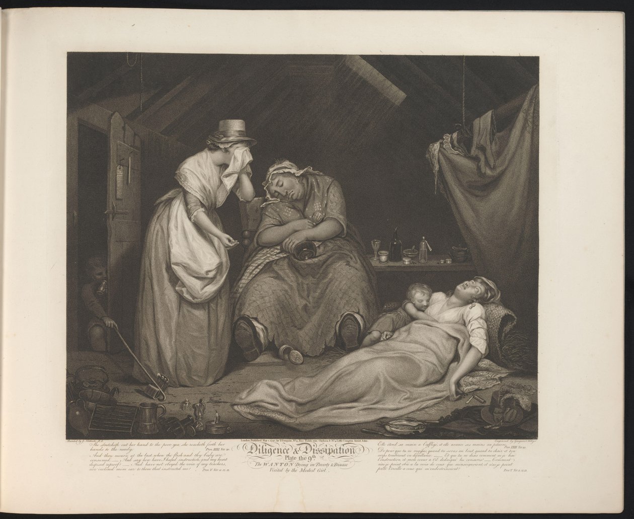 Pokorná služebná navštíví umírající neslušnou služebnou Talíř 9. The Wanton dying in Poverty & Disease / Visited by the Modest Girl (název na předmětu) Ctnost a zhýralost (název série) Pečlivost a disipace (název série na objektu) od Thomas Hellyer