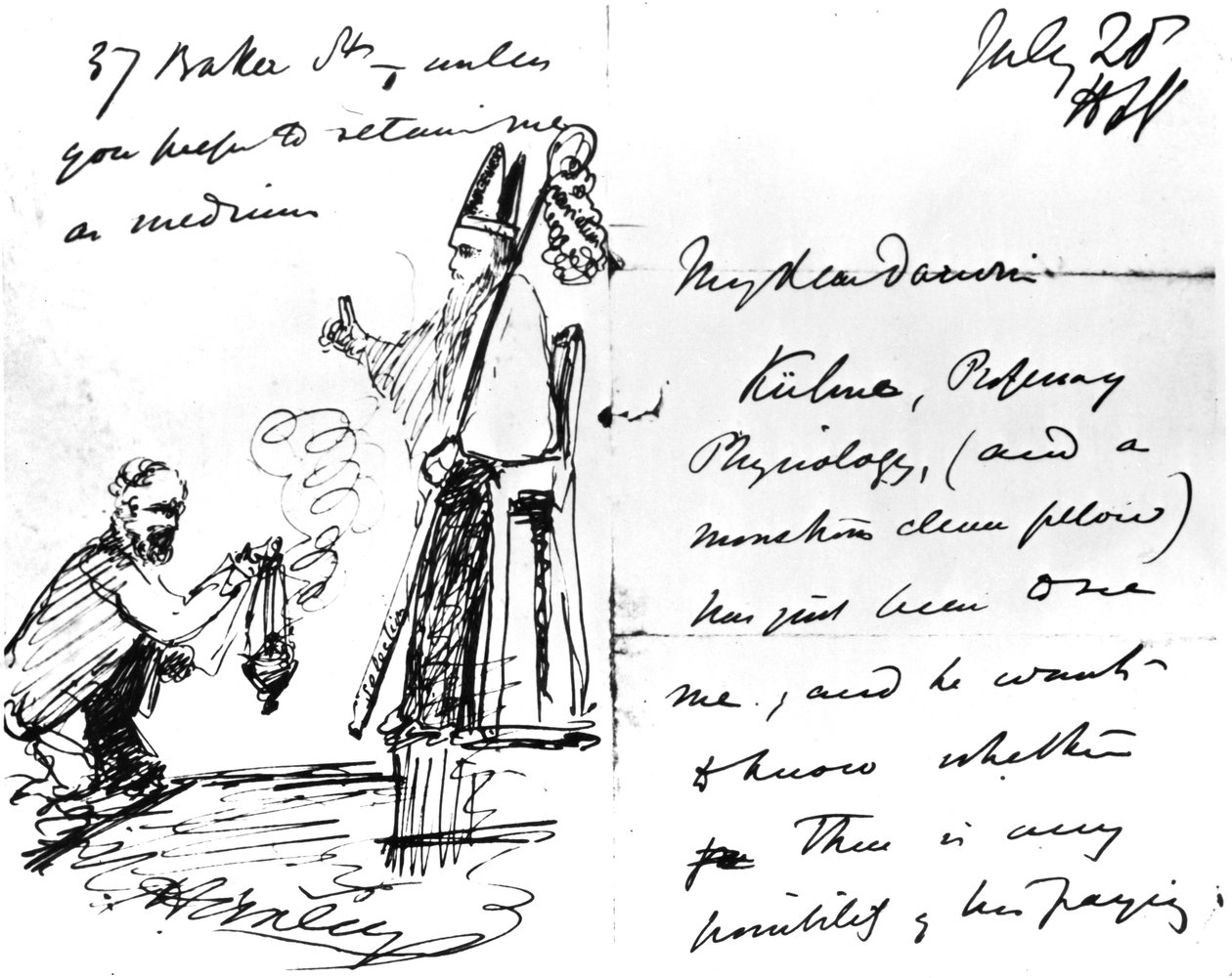 Dopis Thomase Henryho Huxleyho Charlesi Darwinovi s náčrtem Darwina jako biskupa nebo světce, 20. července 1868 od Thomas Henry Huxley