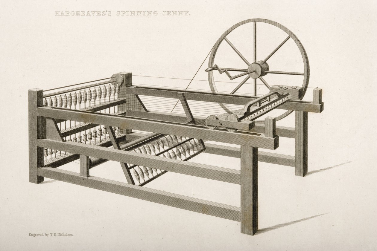 Spinning Jenny, kterou vynalezl James Hargreaves v roce 1764, 1835 od Thomas Henry Nicholson
