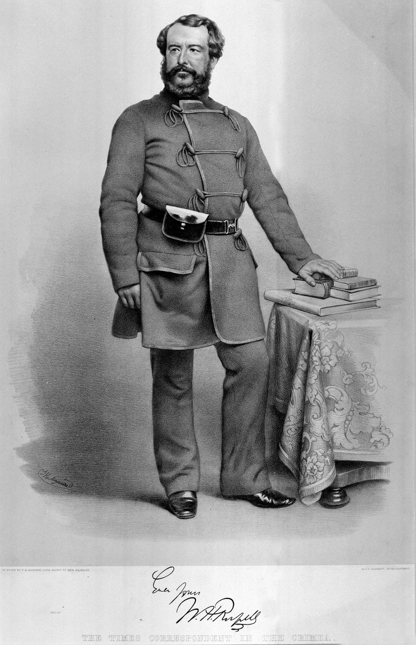 Portrét W. H. Russella (1820-1907), dopisovatele Timesů na Krymu, s faksimilií jeho autografu, vydaný v roce 1855 od Thomas Herbert Maguire