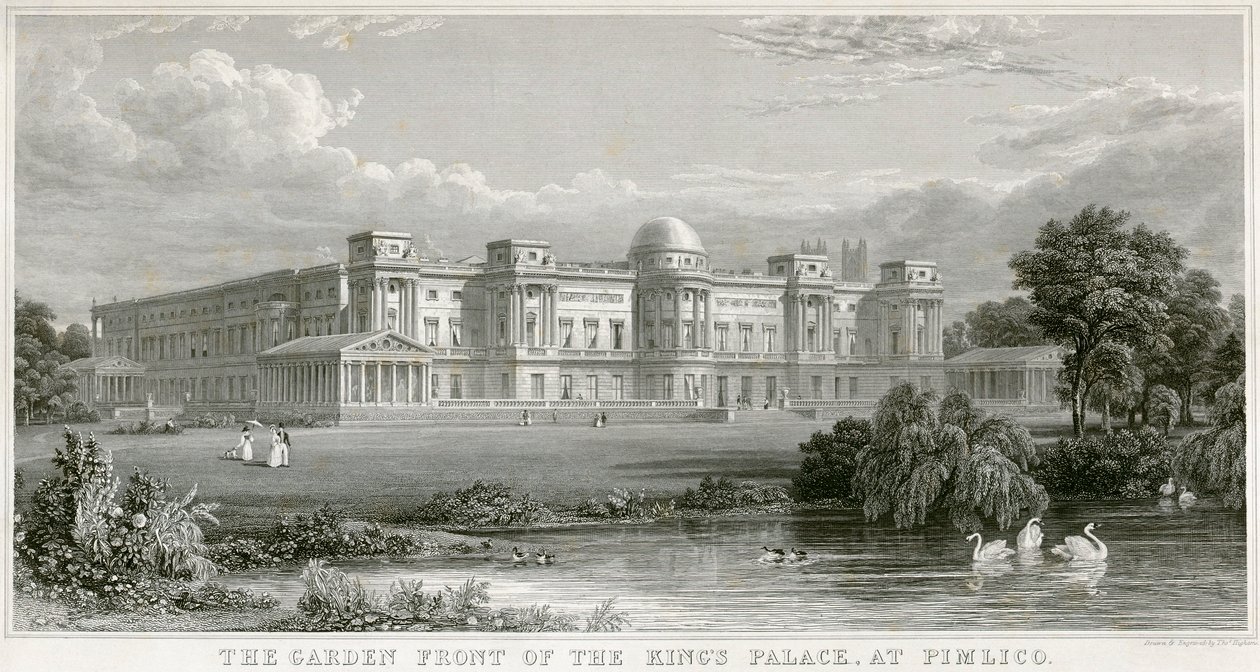 „Zahradní průčelí královského paláce v Pimlico“ Buckinghamský palác, Londýn, 1829 od Thomas Higham