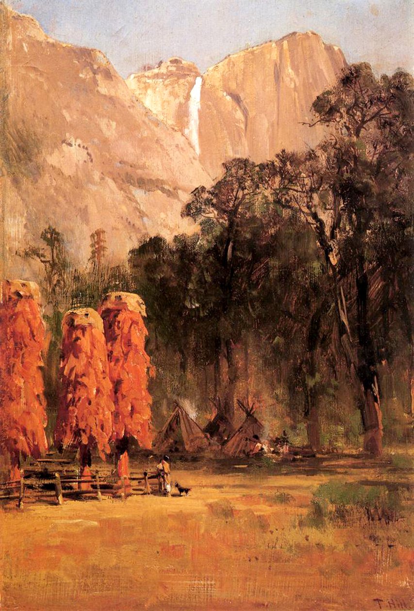 Žaludové sýpky indiánů kmene Piute, asi 1873 (olej na papíře na lepence) od Thomas Hill