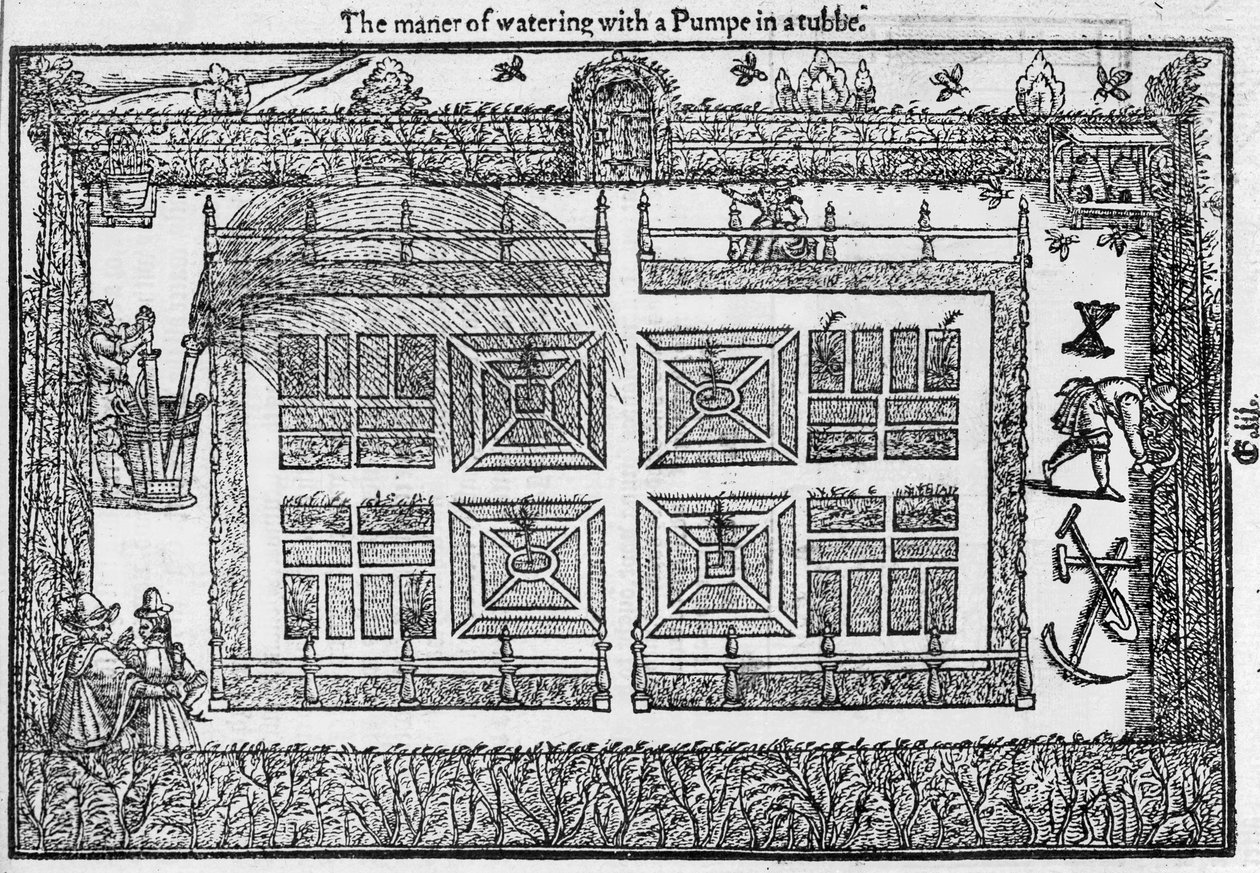 Způsob zalévání čerpadlem v trubici, ze Zahradníkova labyrintu, 1577 od Thomas Hill