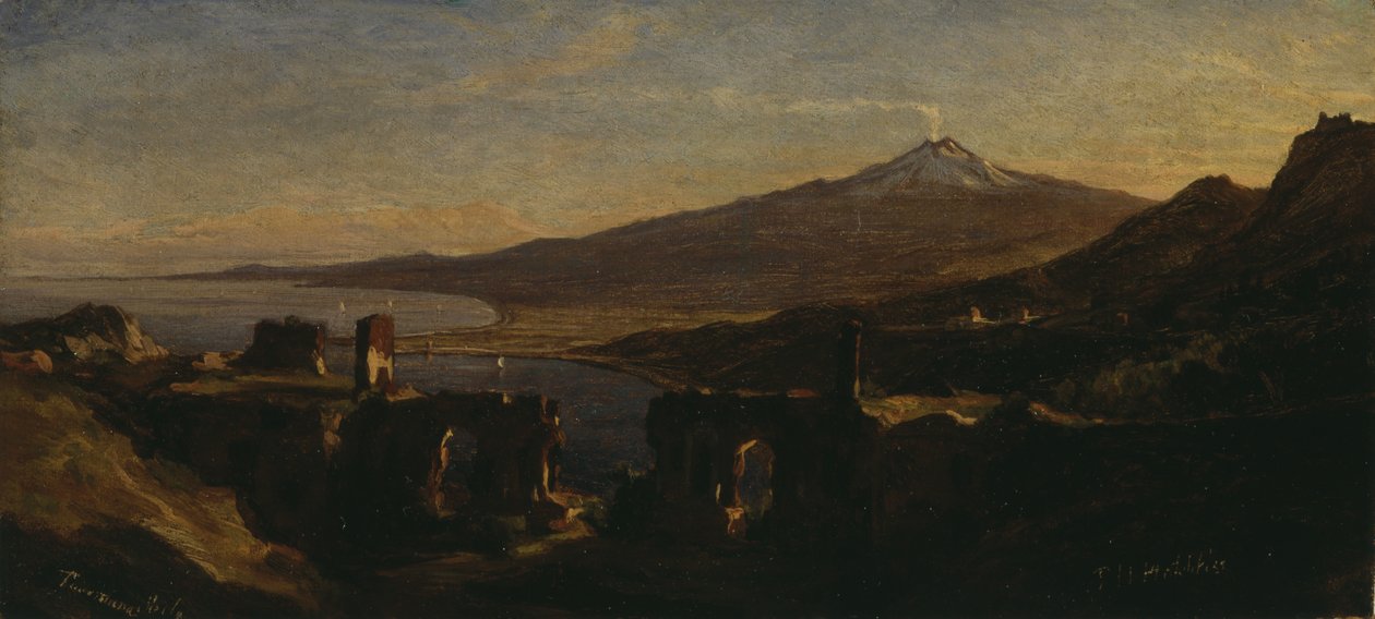 Pohled z ruin řeckého divadla v Taormině, Sicílie, s Etnou (kuřácký) od Thomas Hiram Hotchkiss