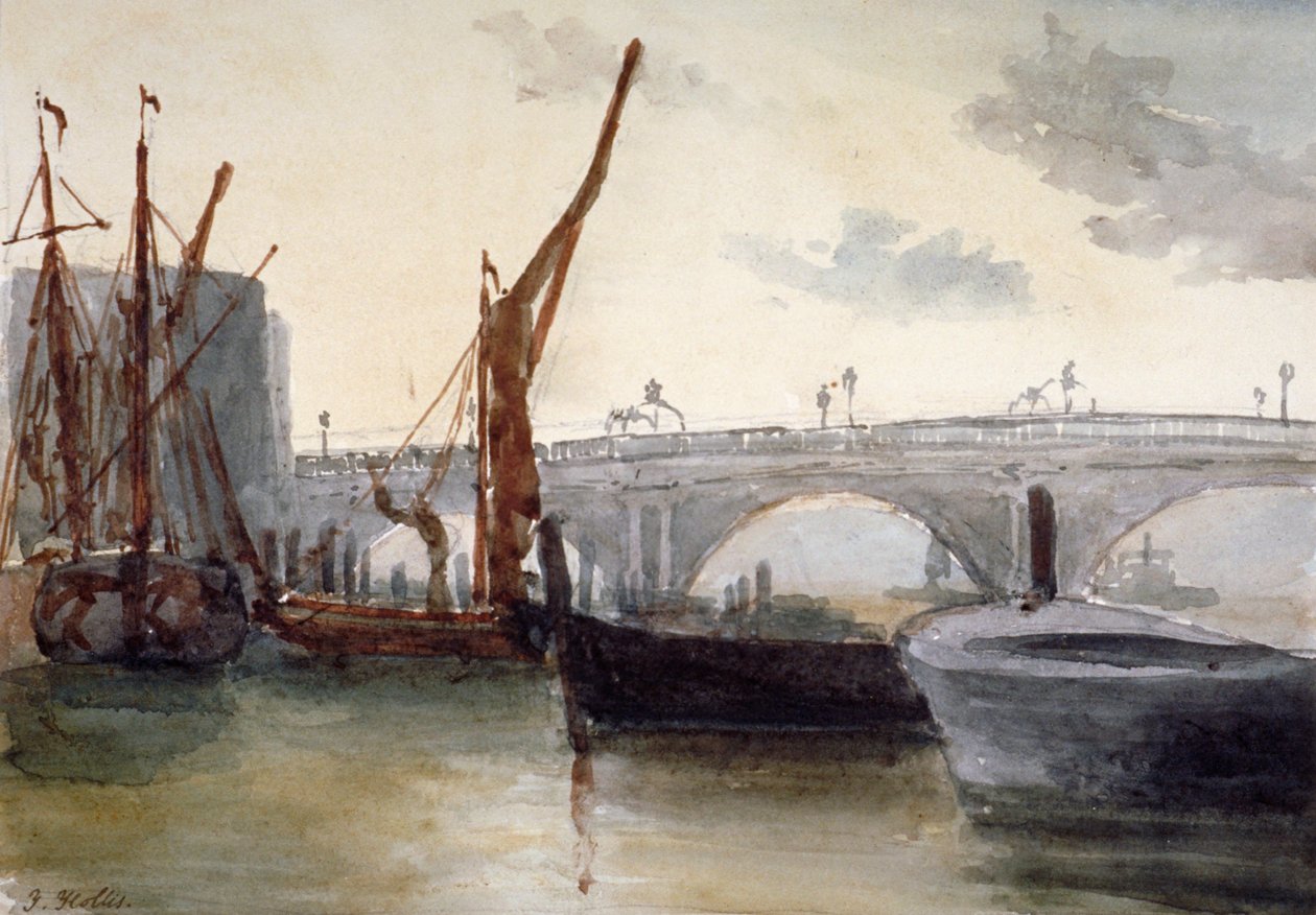 Pohled na Blackfriars Bridge, s loděmi v popředí, Londýn, c1835 od Thomas Hollis