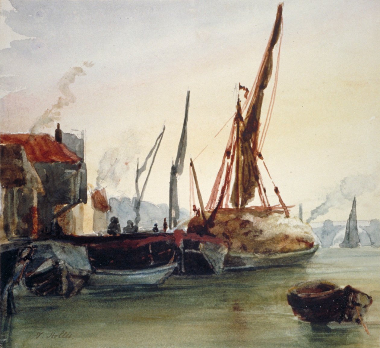 Pohled na lodě kotvící na řece Temži v Bankside, Southwark, Londýn, c1830. od Thomas Hollis