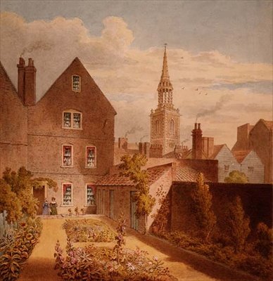 Pohled na dům a zahradu pana Upcotta s islingtonským kostelem v dálce, kolem roku 1835 (akvarel na papíře) od Thomas Hosmer Shepherd