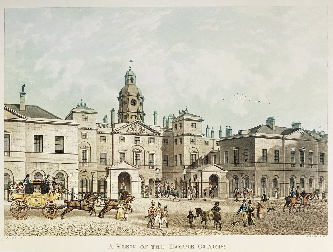 Pohled na Horse Guards z Whitehallu vyrytý J.C Sadlerem od Thomas Hosmer Shepherd