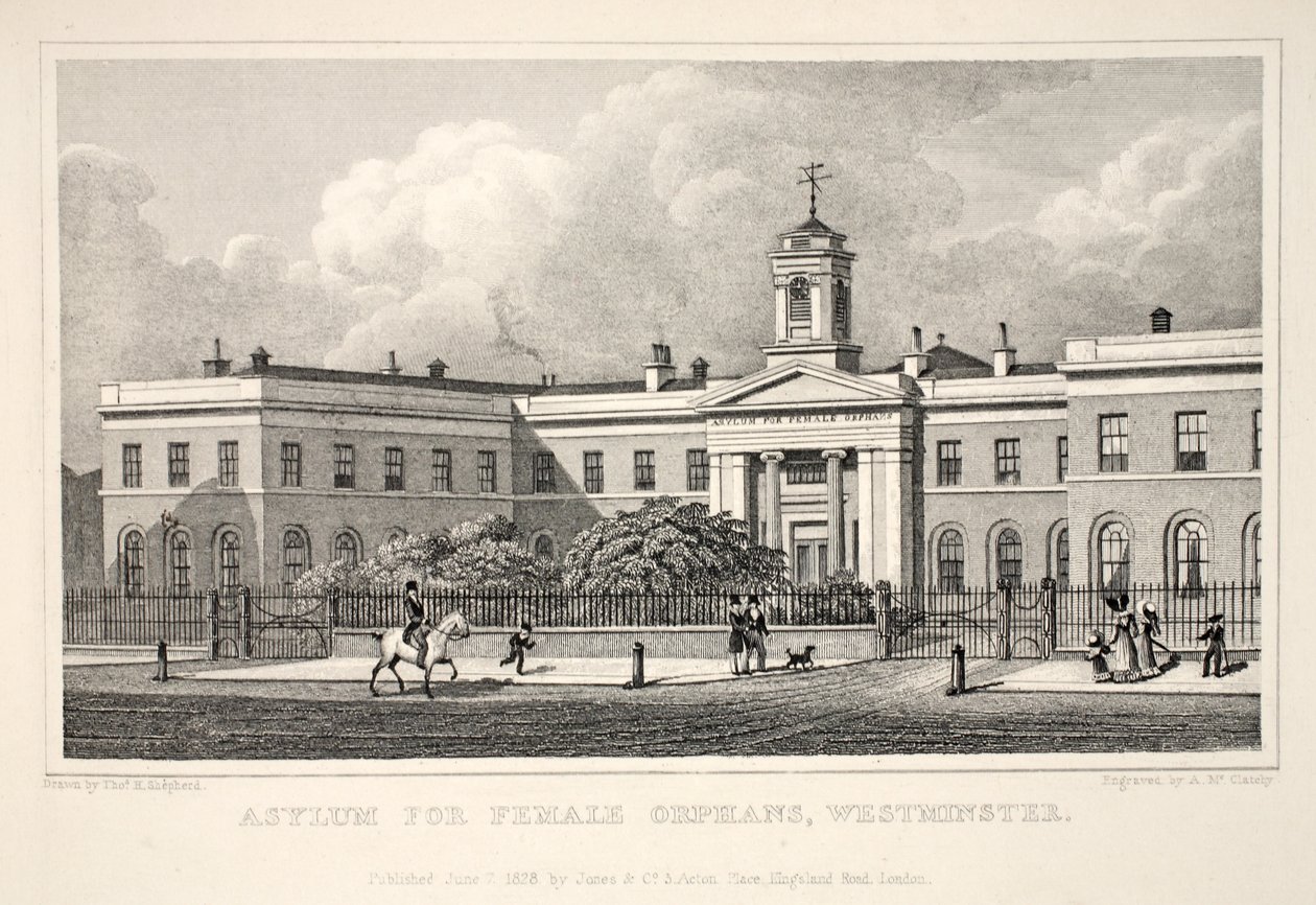 Azyl pro ženské sirotky, Westminster, z hospody „Londýn a jeho okolí v devatenáctém století“. Jones und Co., 1827-1829 od Thomas Hosmer Shepherd