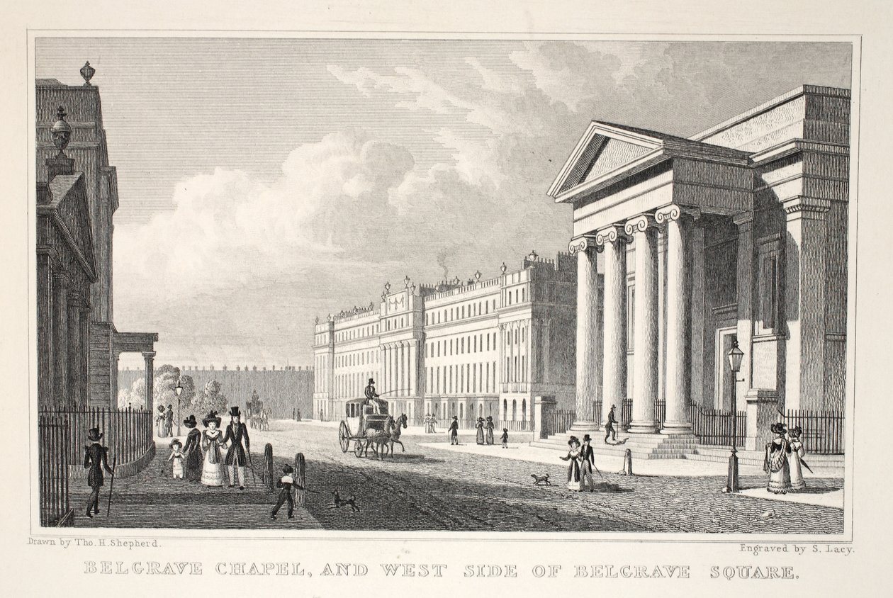 Belgrave Chapel a West Side of Belgrave Square, z hospody „Londýn a jeho okolí v devatenáctém století“. Jones und Co., 1827-1829 od Thomas Hosmer Shepherd