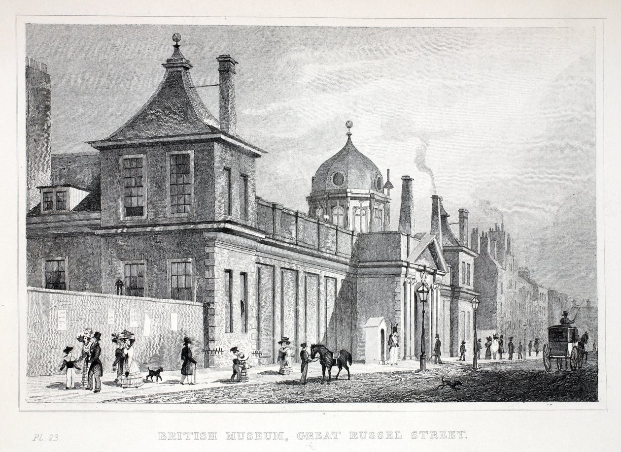 Britské muzeum, Great Russell Street, z hospody „Londýn a jeho okolí v devatenáctém století“. Jones und Co., 1827-1829 od Thomas Hosmer Shepherd