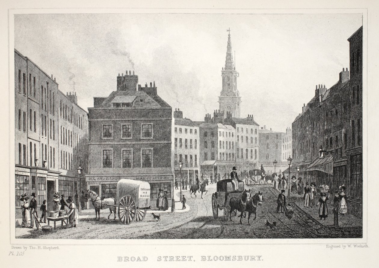Broad Street, Bloomsbury, z hospody „Londýn a jeho okolí v devatenáctém století“. Jones und Co., 1827-1829 od Thomas Hosmer Shepherd