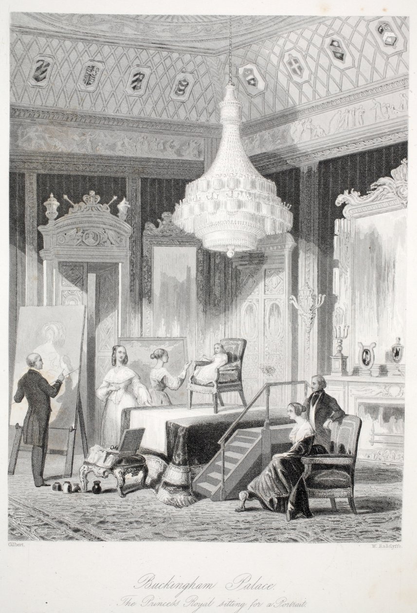 Buckinghamský palác - Královská princezna sedící u portrétu, od London Interiors s jejich kostýmy a obřadní hospodou. Joseph Mead, Londýn, ocelorytina c.1843 od Thomas Hosmer Shepherd