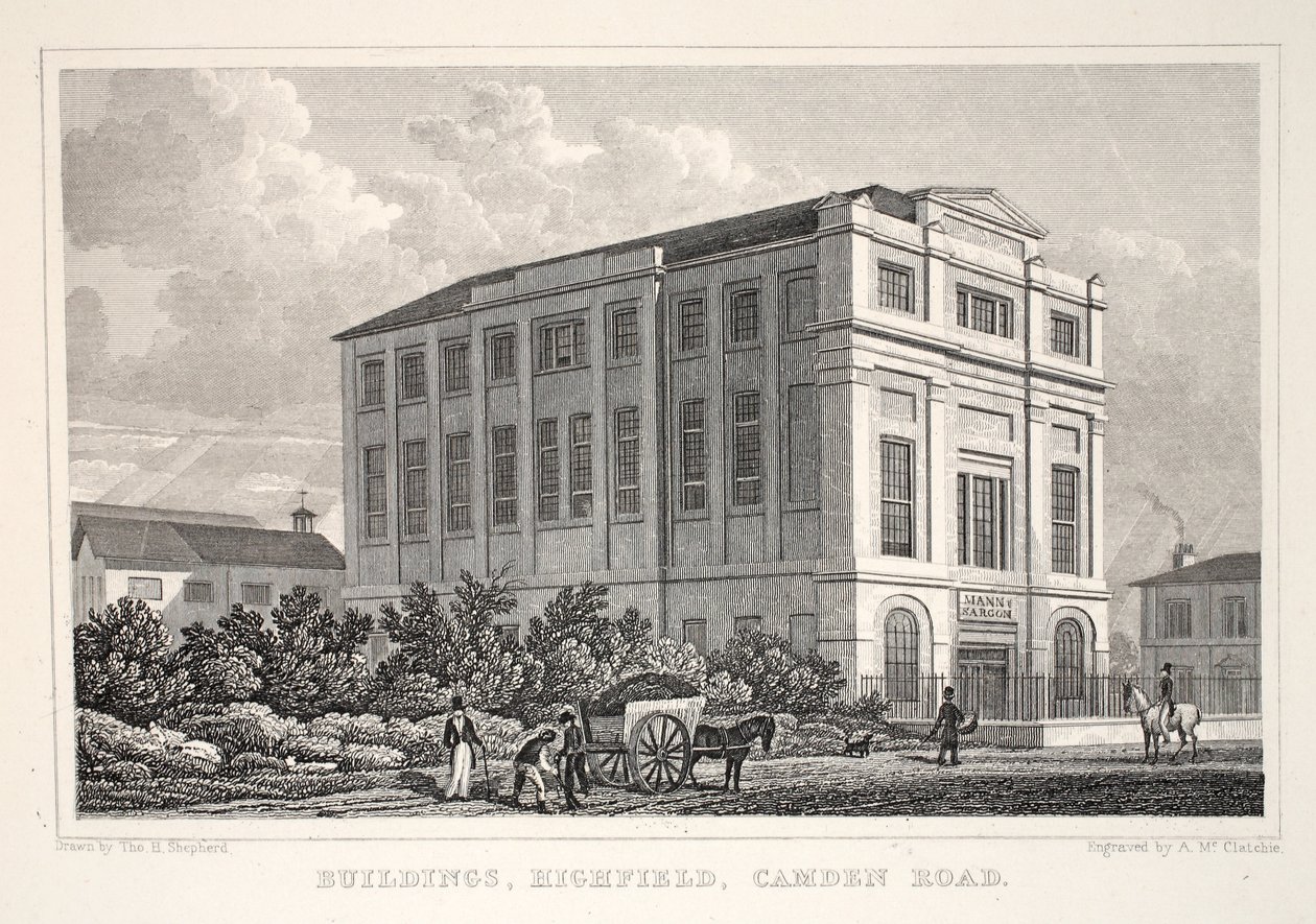 Budovy, Highfield, Camden Road, z hospody „Londýn a jeho okolí v devatenáctém století“. Jones und Co., 1827-1829 od Thomas Hosmer Shepherd