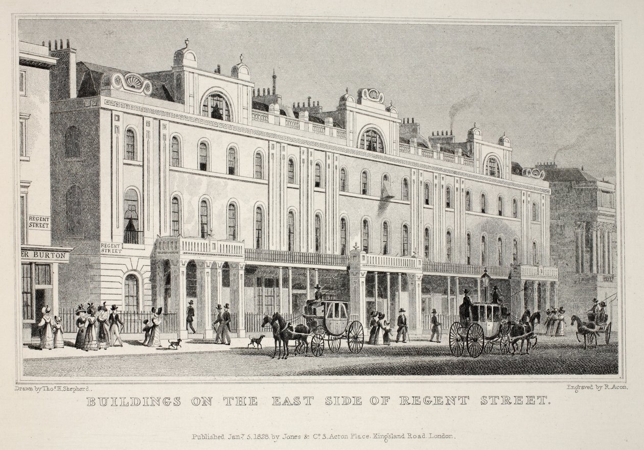 Budovy na východní straně Regent Street, z hospody „Londýn a jeho okolí v devatenáctém století“. Jones und Co., 1827-1829 od Thomas Hosmer Shepherd