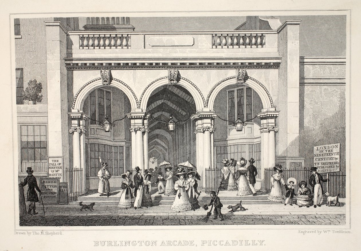 Burlington Arcade, Piccadilly, z hospody „Londýn a jeho okolí v devatenáctém století“. Jones und Co., 1827-1829 od Thomas Hosmer Shepherd
