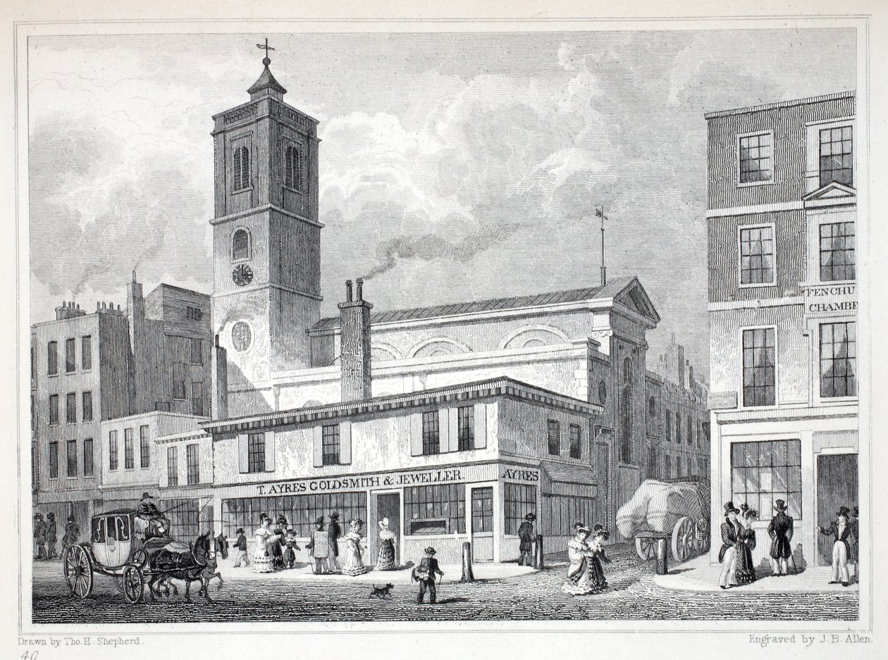 Kostel St Dionis, Backchurch, z hospody „Londýn a jeho okolí v devatenáctém století“. Jones und Co., 1827-1829 od Thomas Hosmer Shepherd