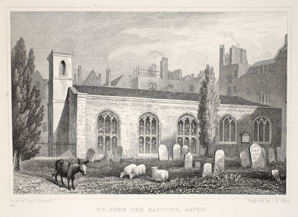 Kostel svatého Jana Křtitele, Savoy, z hospody „Londýn a jeho okolí v devatenáctém století“. Jones und Co., 1827-1829 od Thomas Hosmer Shepherd