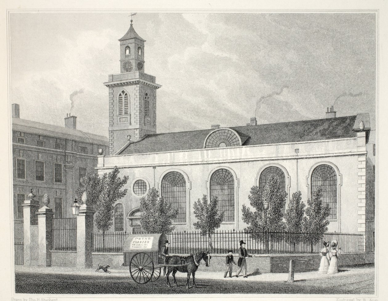 Kostel Panny Marie, Aldermanbury, z hospody „Londýn a jeho okolí v devatenáctém století“. Jones und Co., 1827-1829 od Thomas Hosmer Shepherd
