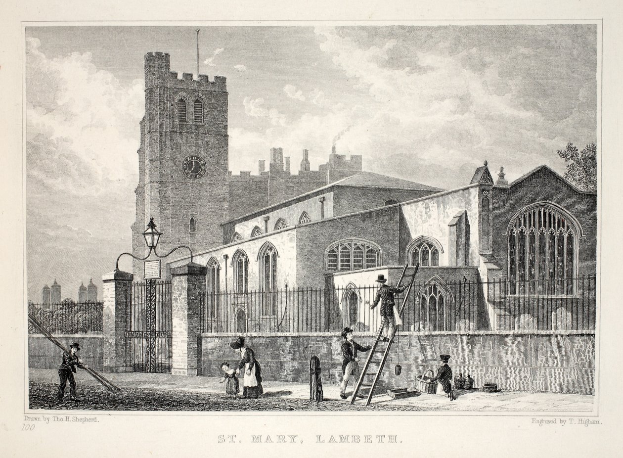Kostel Panny Marie, Lambeth, z hospody „Londýn a jeho okolí v devatenáctém století“. Jones und Co., 1827-1829 od Thomas Hosmer Shepherd