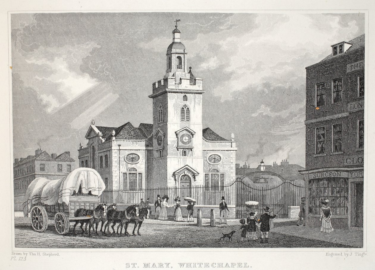 Kostel Panny Marie, Whitechapel, z hospody „Londýn a jeho okolí v devatenáctém století“. Jones und Co., 1827-1829 od Thomas Hosmer Shepherd